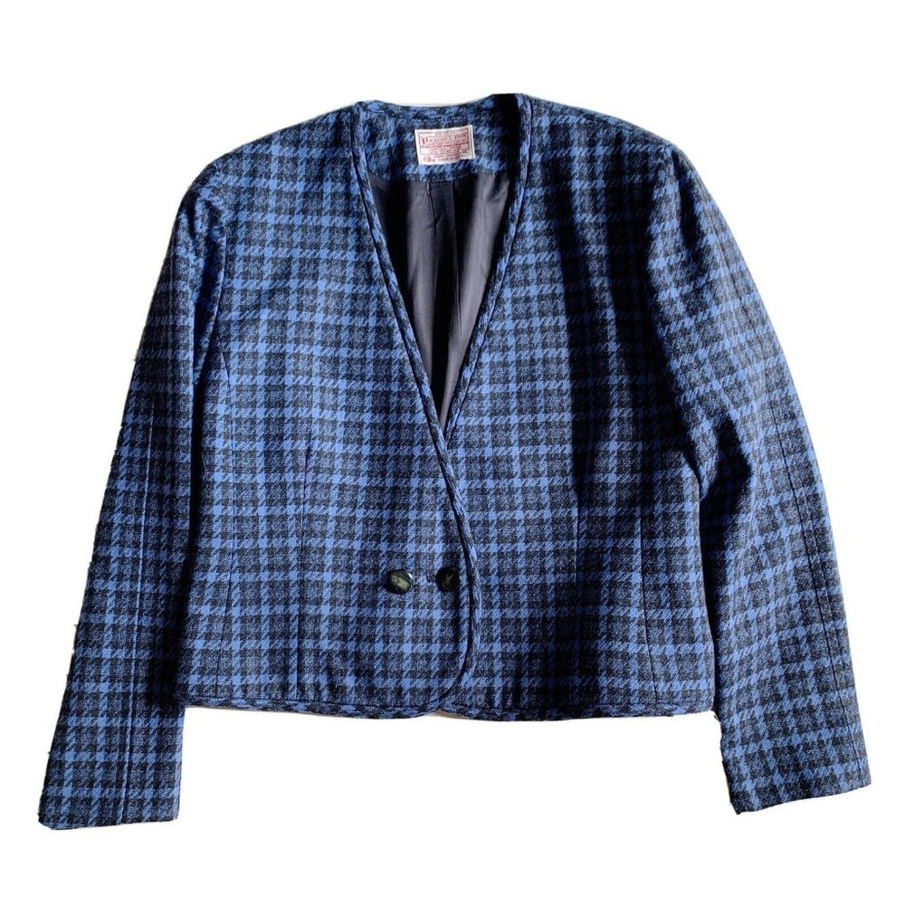 Pendleton Vintage Wool Blazer Houndstooth Plaid Blue Size Petite 12